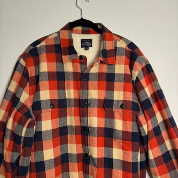 J. Crew Outerwear Men's Sherpa Lined Plaid Flannel Shirt Jacket Size Large - Picture 2 of 5